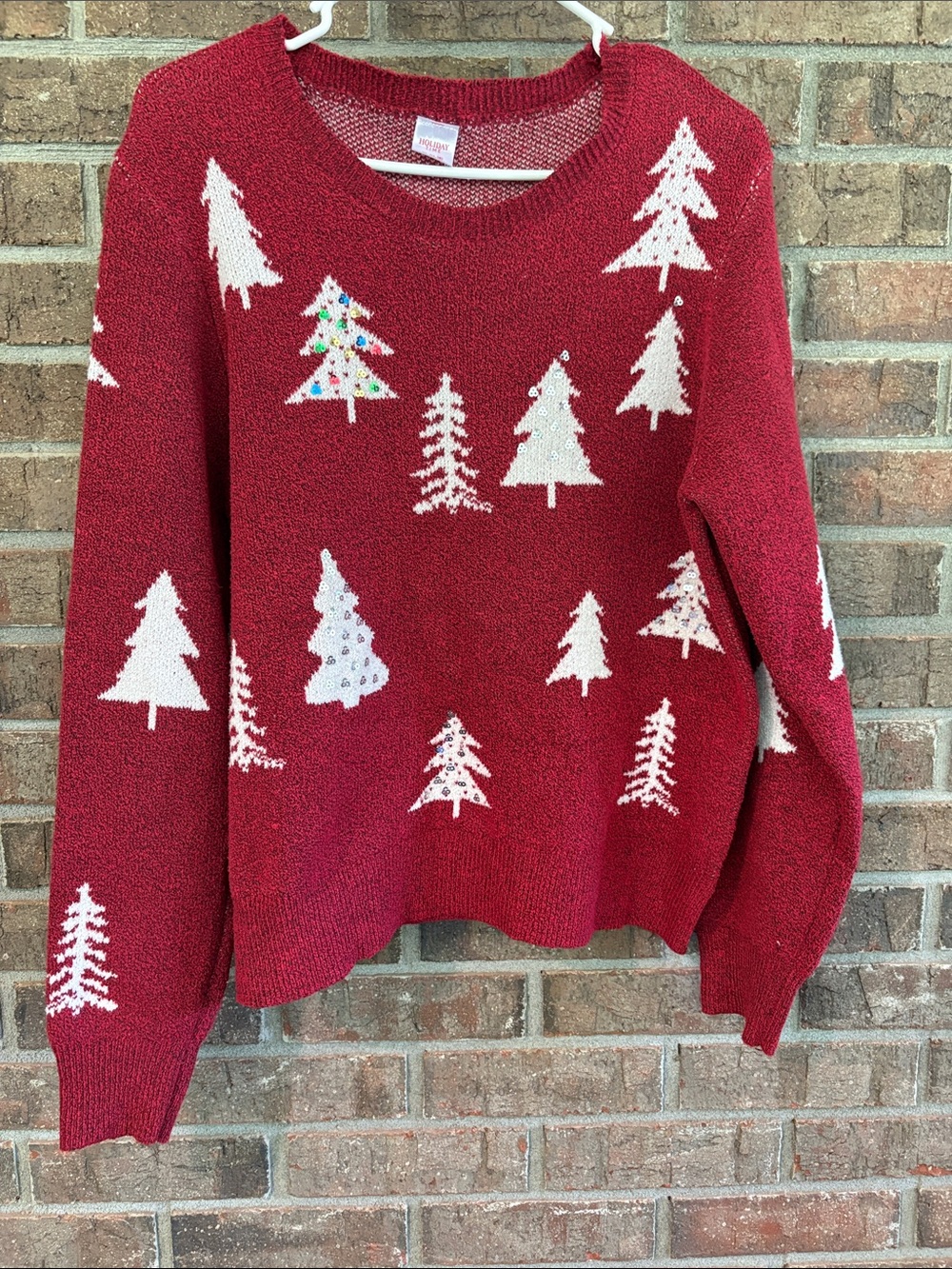 Holiday Time Red Crewneck Sweater with White Holiday Tree Motifs